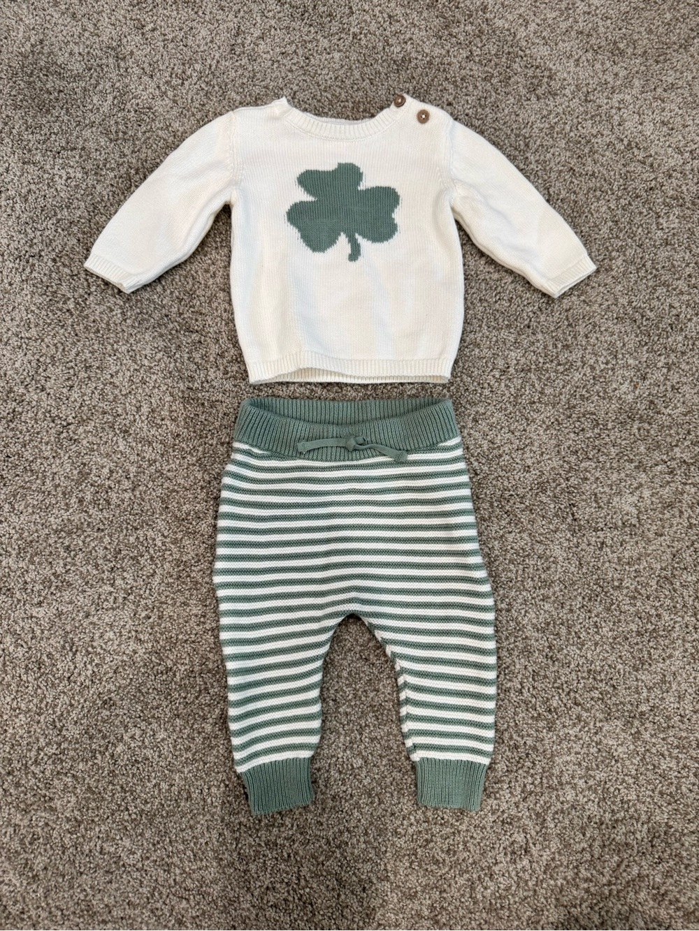 Carter's White Sweater with Green Clover & Green-White Striped Knit Joggers